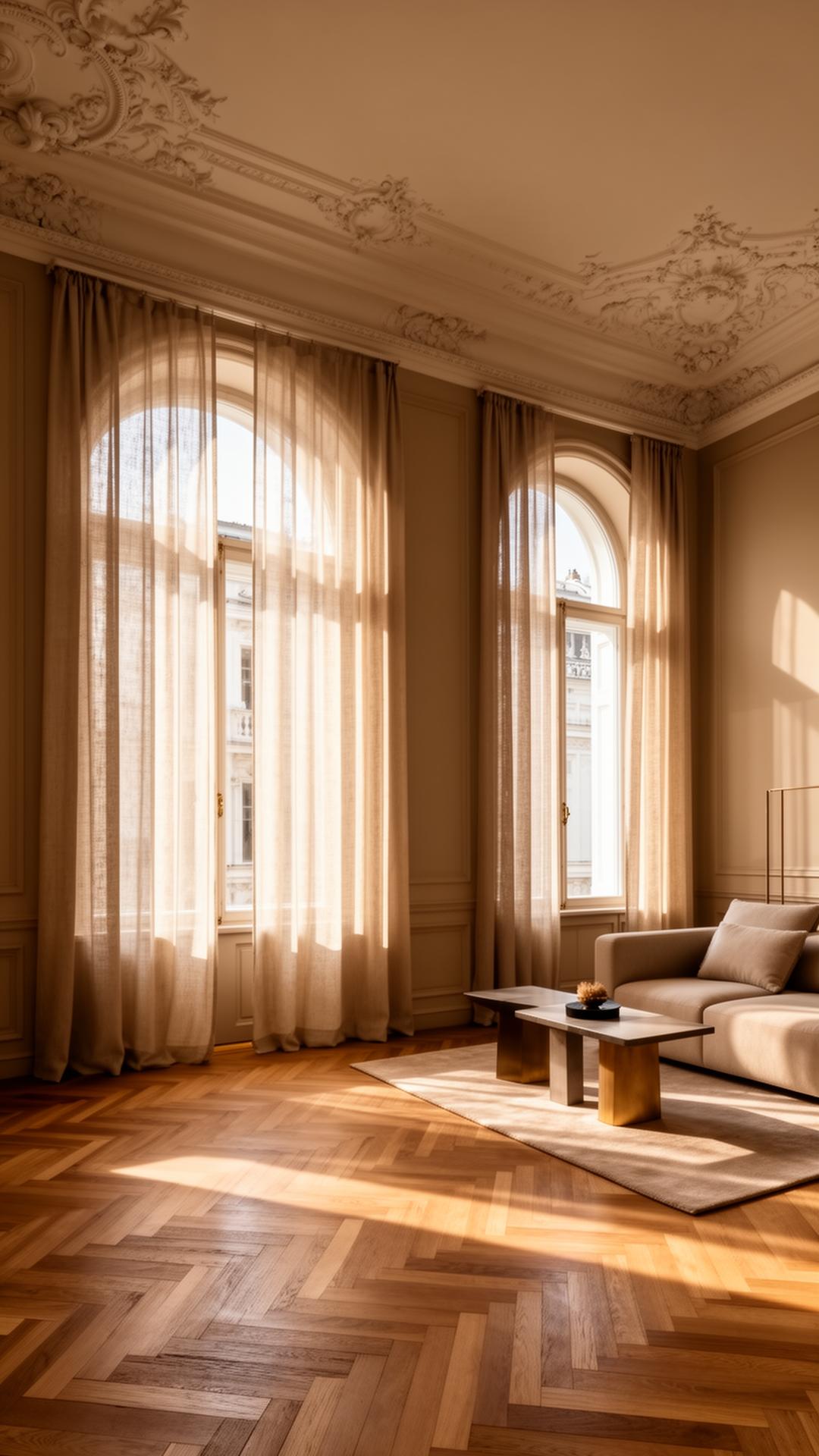 Boutique Viennese apartment interior bathed in afternoon light
